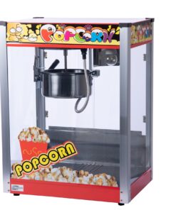 Popcorn Machine 8oz Electric Ip6a with retro design, aluminum alloy frame, and glass panels – ideal for home theaters or events
