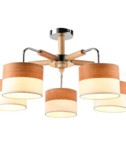 5 Light Chrome Cream Light Wood Pendant