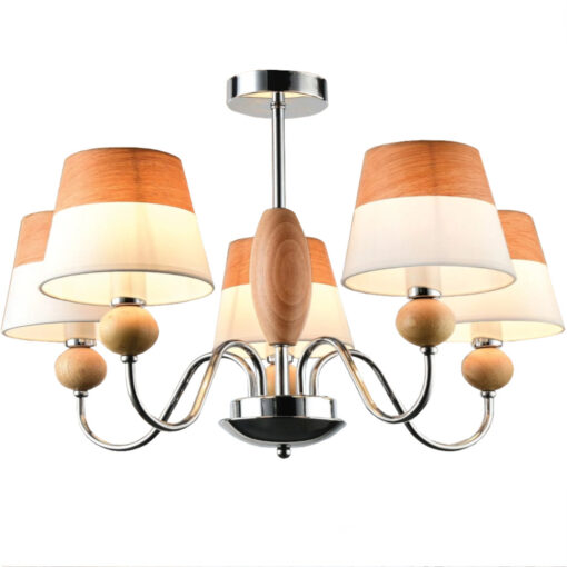 5 Light Chrome Cream & Wood Chandelier