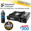 Born Free Cartrigde Stove combo with 220g gas cartridge in black, perfect for camping and cooking in South Africa