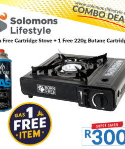 Born Free Cartrigde Stove combo with 220g gas cartridge in black, perfect for camping and cooking in South Africa