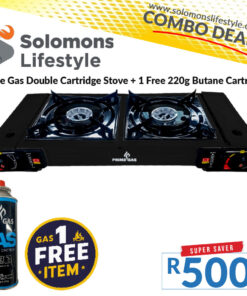 Prime Gas Double Cartrigde Stove & 220g Prime Gas Butane Cartridge (Black)