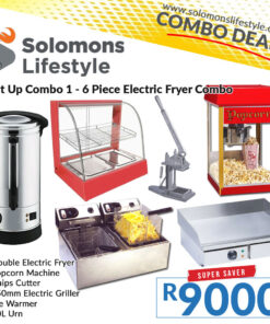 6 Piece Fryer Combo - Start Up Combo 1 with electric fryer, griller, popcorn machine, and pie warmer for South African food startups